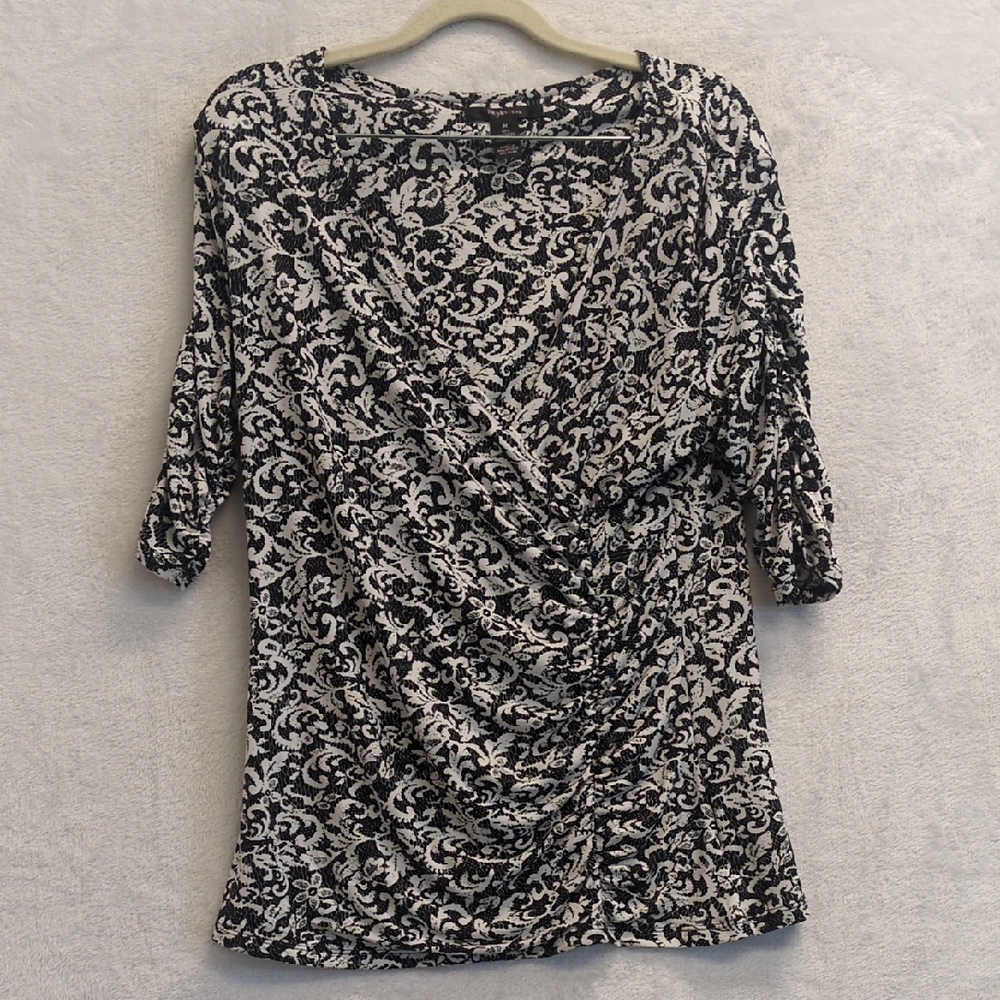 Style & Co Women's Black & White Patterned Ruched Sleeve Shirt Size M